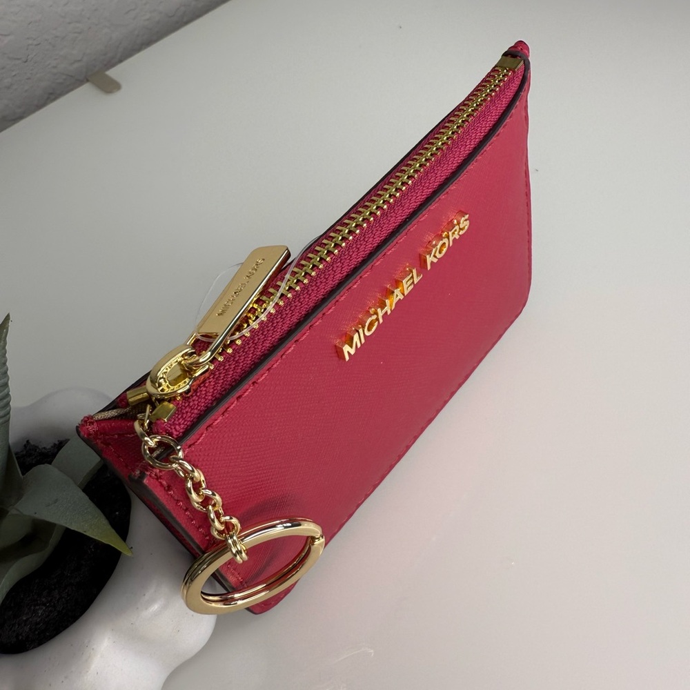MICHAEL KORS Jet Set Travel Coinpouch Key Wallet in Carmine Pink NWT - Picture 3 of 7